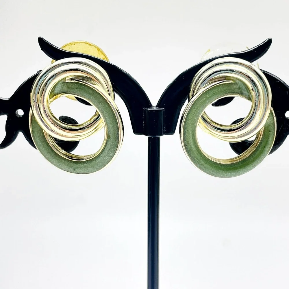Green Enamel Gold Tone Swirl Pierced Earrings Oval Statement Retro Style